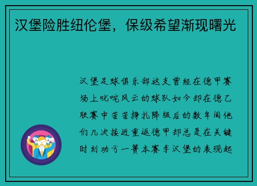 汉堡险胜纽伦堡，保级希望渐现曙光