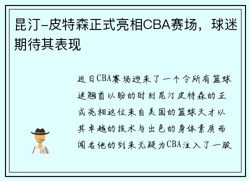 昆汀-皮特森正式亮相CBA赛场，球迷期待其表现