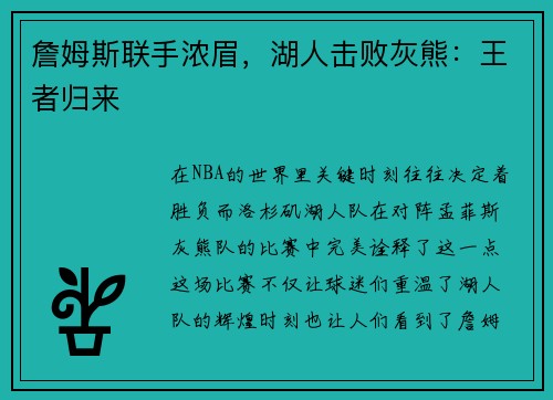 詹姆斯联手浓眉，湖人击败灰熊：王者归来